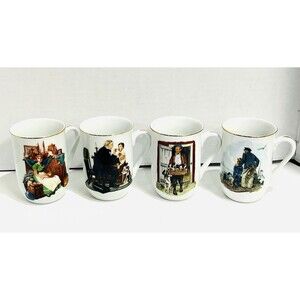 Vintage Set Of 4 Norman Rockwell Museum Coffee Mugs Cups White Gold Trim
